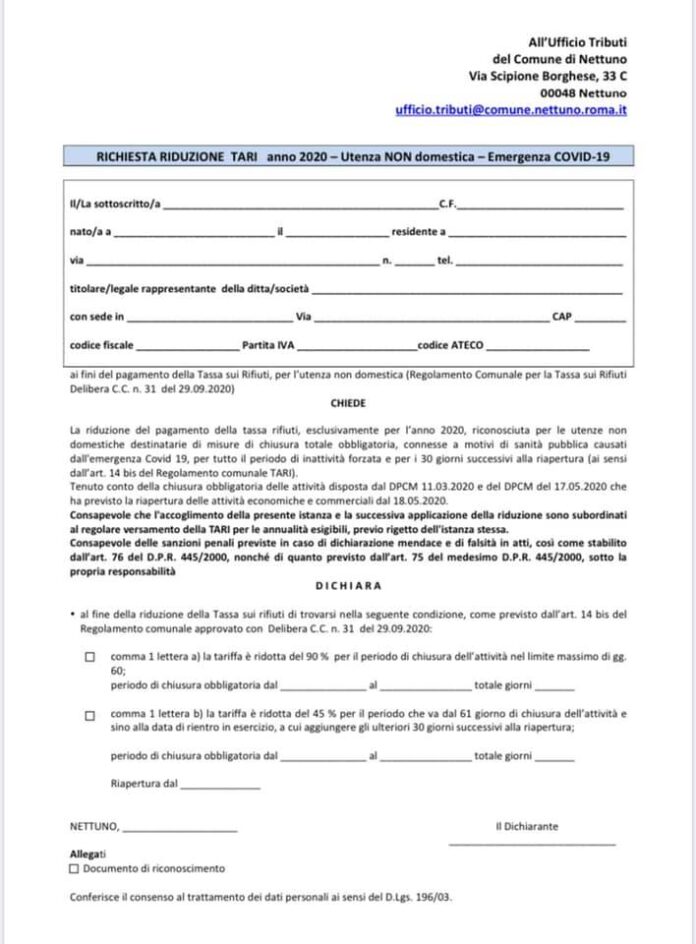 Nettuno Il Modulo Per Richiedere La Riduzione Tari Riservato Alle