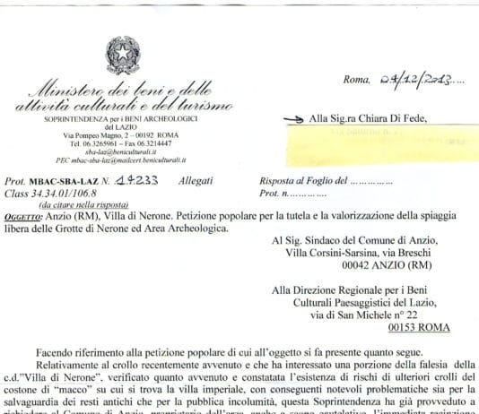 Anzio- Crolli alle grotte di Nerone la Soprintendenza scrive al Sindaco
