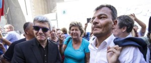 Nichi Vendola, Susanna Camusso e Stefano Fassina alla manifestazione nazionale unitaria organizzata dai sindacati del pubblico impiego di Cgil, Cisl e Uil per chiedere lo sblocco immediato del contratto dei lavoratori pubblici, Roma, 29 luglio 2015. ANSA/MASSIMO PERCOSSI