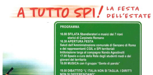 Genzano, venerdì 21 giugno alla Festa dello SPI Cgil il dibattito “L’Italia non si taglia, i diritti non si differenziano”