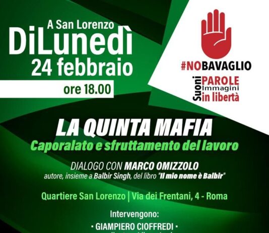 Lunedì 24 febbraio a San Lorenzo, incontro con Marco Omizzolo su Quinta mafia, caporalato, e sfruttamento dei braccianti