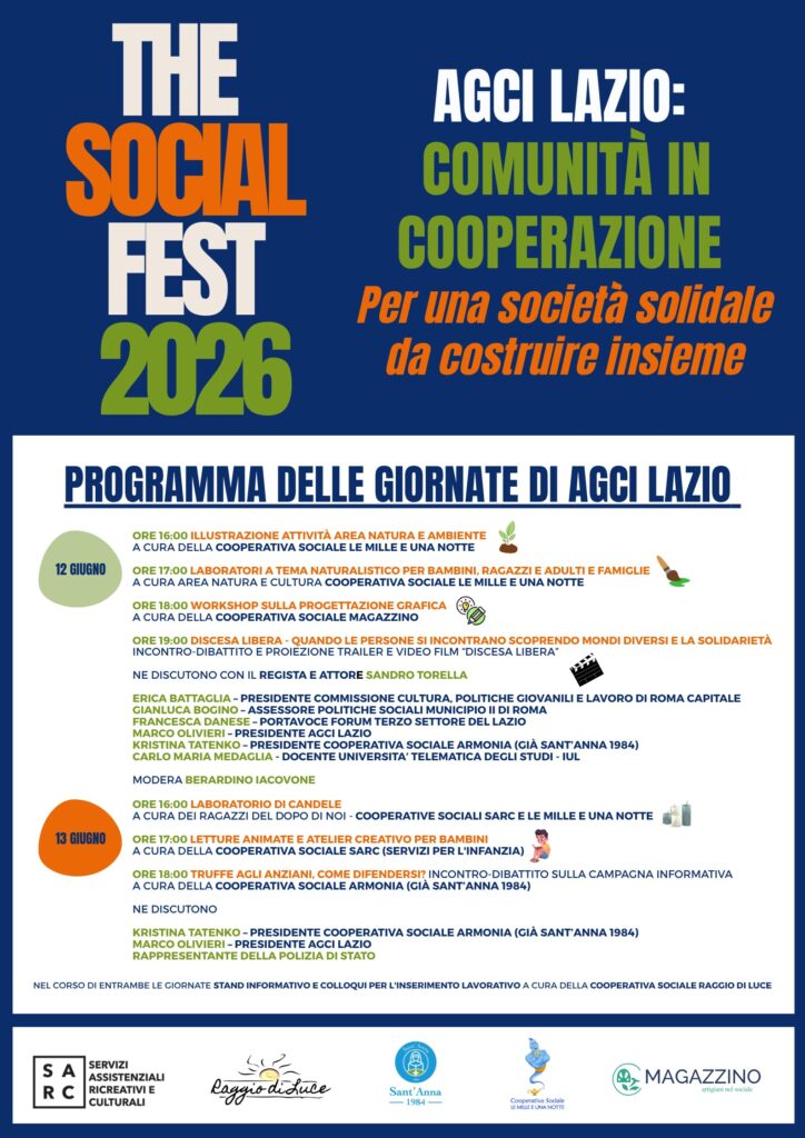 AGCI Lazio a The Social Fest 2026 con le due giornate "Comunità in Cooperazione – Per una società solidale da costruire insieme" 1 AGCI Lazio a The Social Fest 2026 con le due giornate "Comunità in Cooperazione – Per una società solidale da costruire insieme" 1