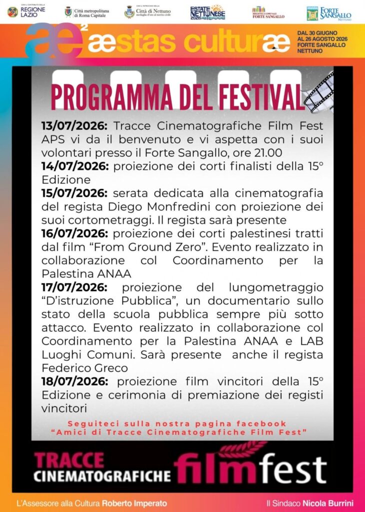 Tracce Cinematografiche Film Fest torna a Nettuno: dal 14 al 18 luglio cinque serate dedicate al cinema indipendente al Forte Sangallo 2 Tracce Cinematografiche Film Fest torna a Nettuno: dal 14 al 18 luglio cinque serate dedicate al cinema indipendente al Forte Sangallo 2