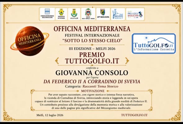Giovanna Consolo premiata a Melfi per un racconto storico, i complimenti del sindaco 1 Giovanna Consolo premiata a Melfi per un racconto storico, i complimenti del sindaco 1