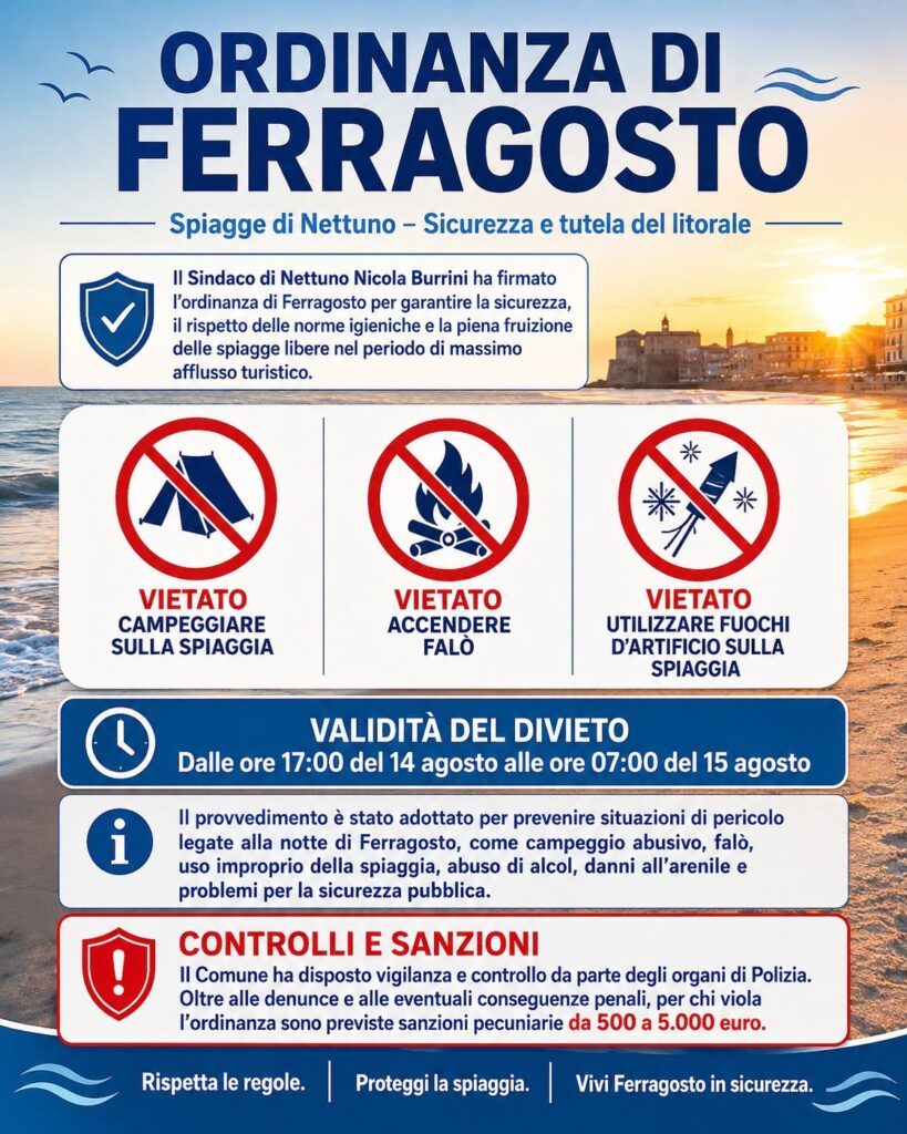 Nettuno, firmata l'ordinanza di Ferragosto: spiaggia divieto di campeggio, falò e fuochi d'artificio  1