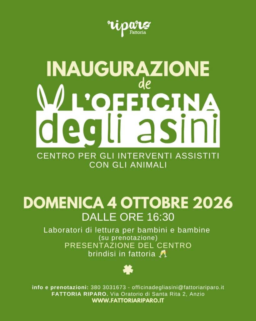Ad Anzio nasce "L'Officina degli Asini": inaugurazione domenica 4 ottobre alla Fattoria Riparo 1