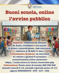 Anzio. Online l'avviso pubblico per i buoni scuola. Domande solo via internet fino al 5 novembre 1